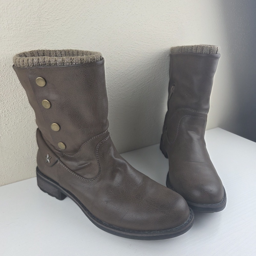 Muk Luks Crumpet Brown Faux Leather‎ Lined Side Zip/Snap Heel Boots Womens Sz 10 - Picture 2 of 14